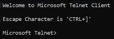 Welcome to Microsoft Telnet Client; Escape Character is 'CTL+]'; Microsoft Telnet>